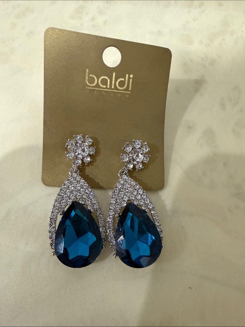 Baldi London Blue Teardrop Crystal Drop Earrings with Clear Accents